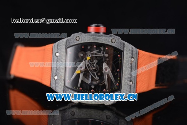 Richard Mille RM027-2 Miyota 9015 Automatic Carbon Fiber Case with Skeleton Dial Dot Markers and Orange Nylon Strap - Click Image to Close